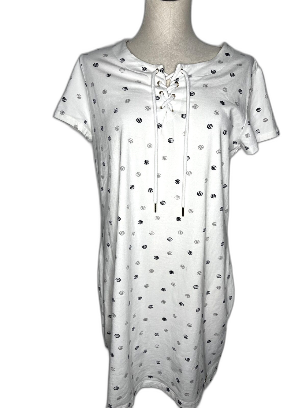 Tommy Hilfiger White Polka Dot Lace Up Mini Dress Size XL Petite